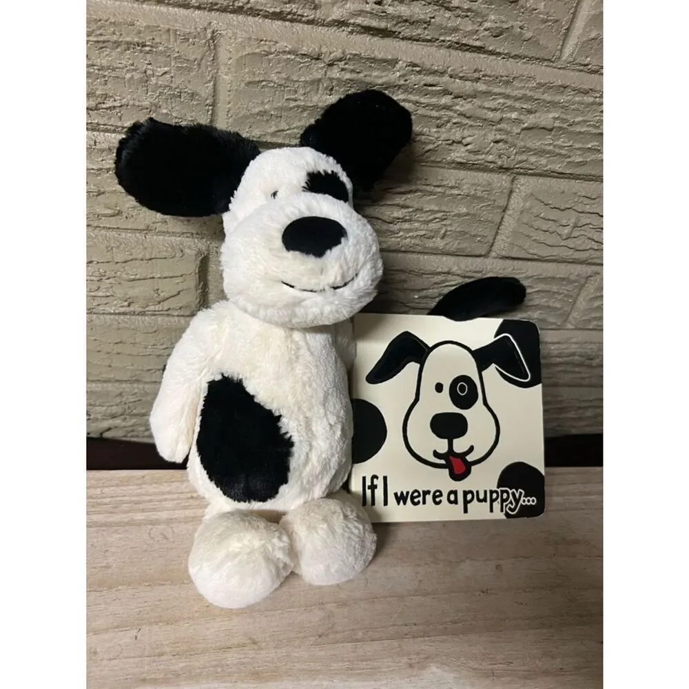Jellycat Black & White Spot Puppy Plush Dog Toy and jellycat book